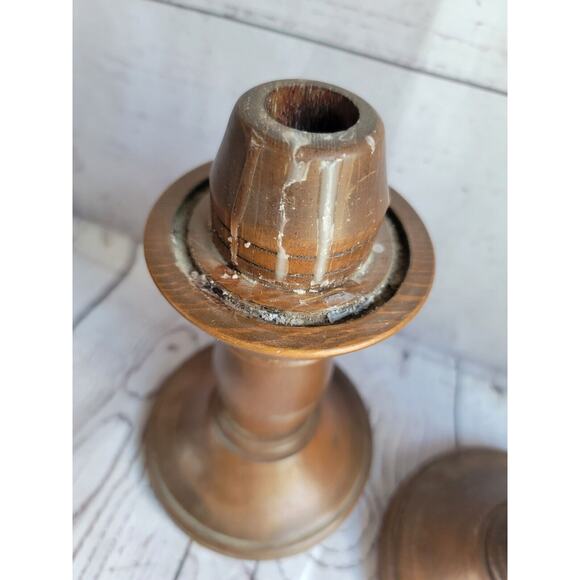 Vintage Pair Of Hand Carved MCM Wooden Candle Stick Holders 8.5 Inch READ - Picture 2 of 10